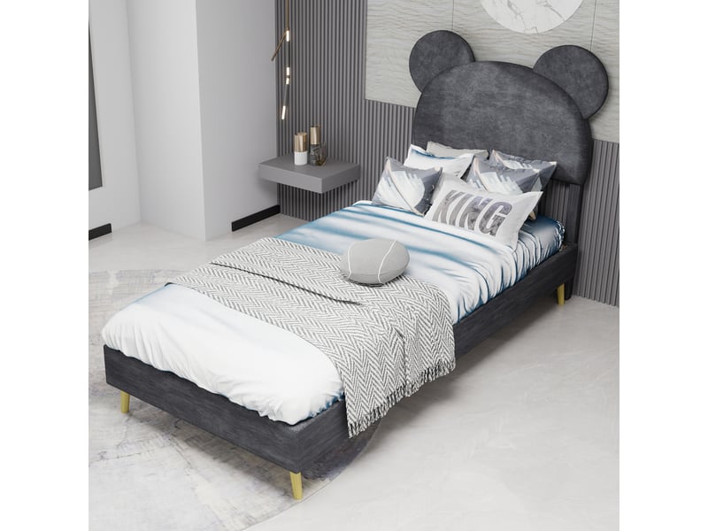  Lit enfant 90x200 cm avec tête dessin animé, tissu et métal, gris, sans matelas  - Conforama E