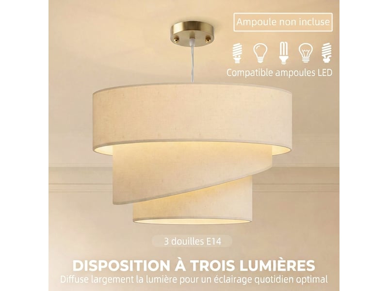  Suspension luminaire à 3 abat-jour effet lin, ampoule non incluse e14 40 w, câble réglable, rosace dorée, beige  - Conforama E