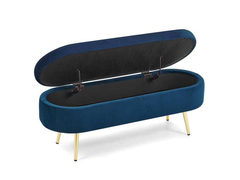  Banc de rangement 110 x 40 x 42 cm bleu foncé en velours, coffre 20 l, pieds métal doré pour chambre  - Conforama D