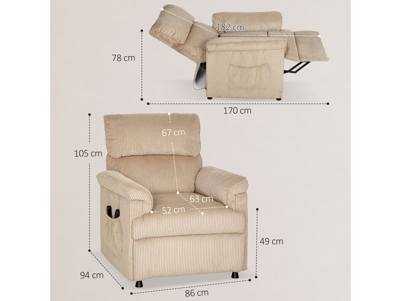  Fauteuil relax électrique massant et chauffant, fauteuil inclinable en velours côtelé, moteur ultra-silencieux, marron  - Conforama E