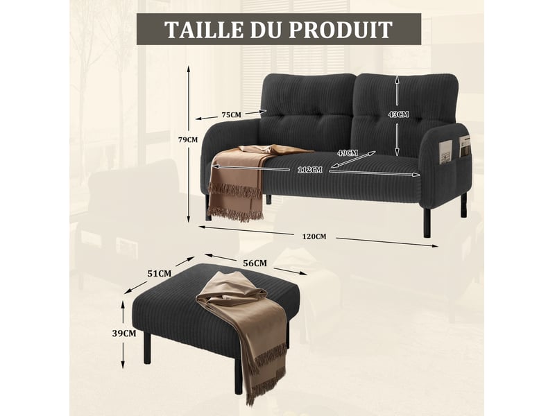 Canapé droit fixe 2 places en velours côtelé gris, avec poche latérale et pieds métal, idéal pour le salon - Conforama C