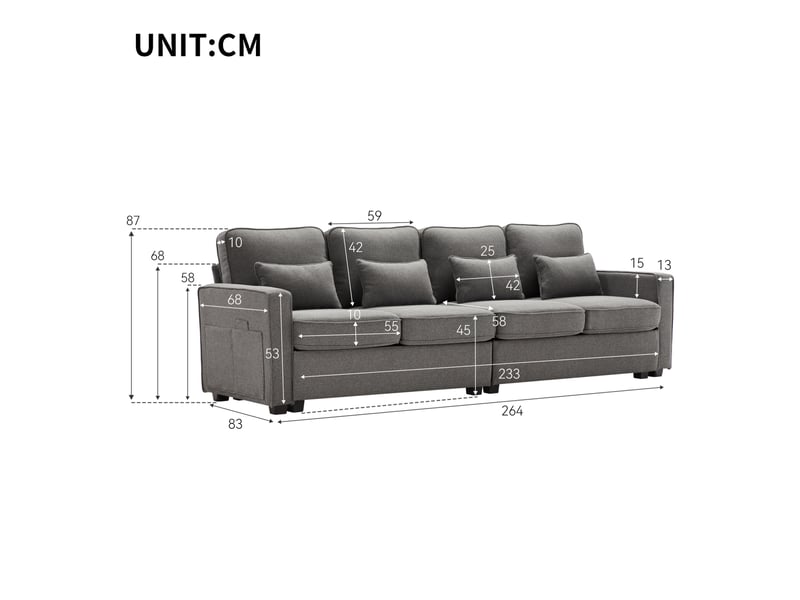 Canapé droit tcqpz 4 places 264 x 83 x 87 cm avec poches d’accoudoirs tissu aspect lin gris foncé  - Conforama C
