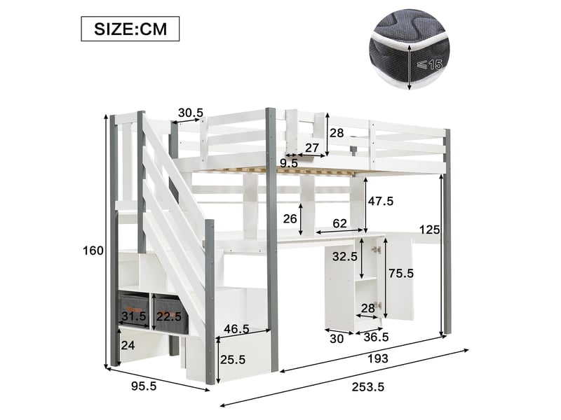 Lit mi-hauteur 90x200 cm avec bureau et rangements, blanc et gris - Conforama E