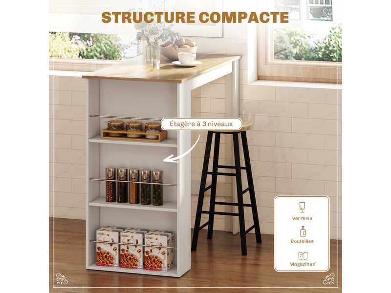  Table de bar table haute de cuisine mange-debout comptoir 112l x 57l x 106h cm - aspect chêne clair blanc - 3 étagères  - Conforama A