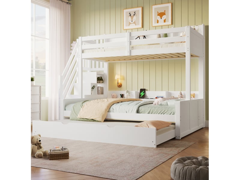 Lit superposé 90 × 200 cm avec lit double 140 × 200 cm, lit gigogne, escalier de rangement et usb pour chambre - Conforama D