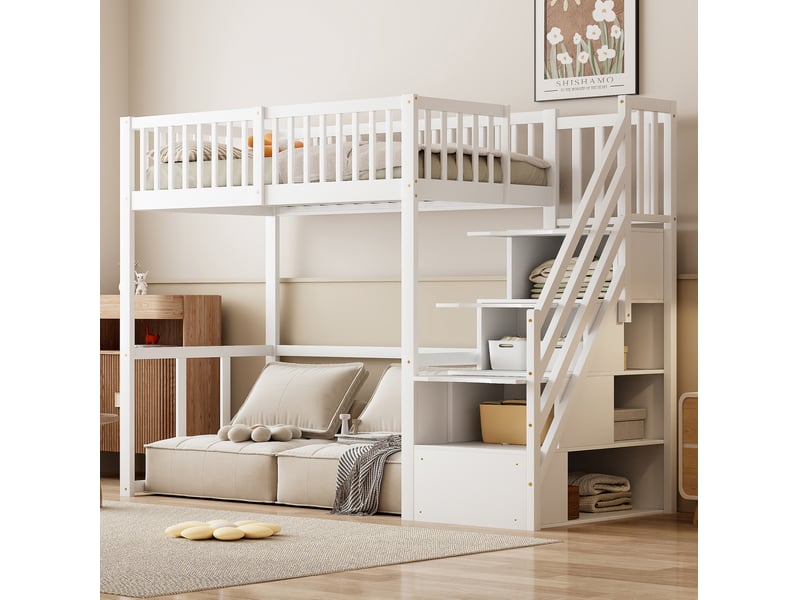  Modenvie lit mezzanine 90x200 cm - avec escalier de rangement et bureau, sans matelas - blanc  - Conforama D
