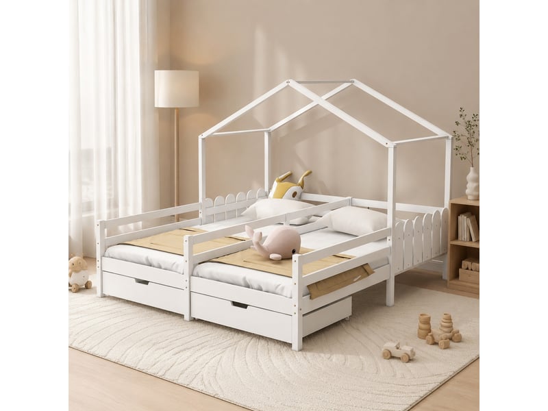  Lit enfant maison double blanc avec 2 tiroirs 208 x 188,5 x 158 cm  - Conforama C