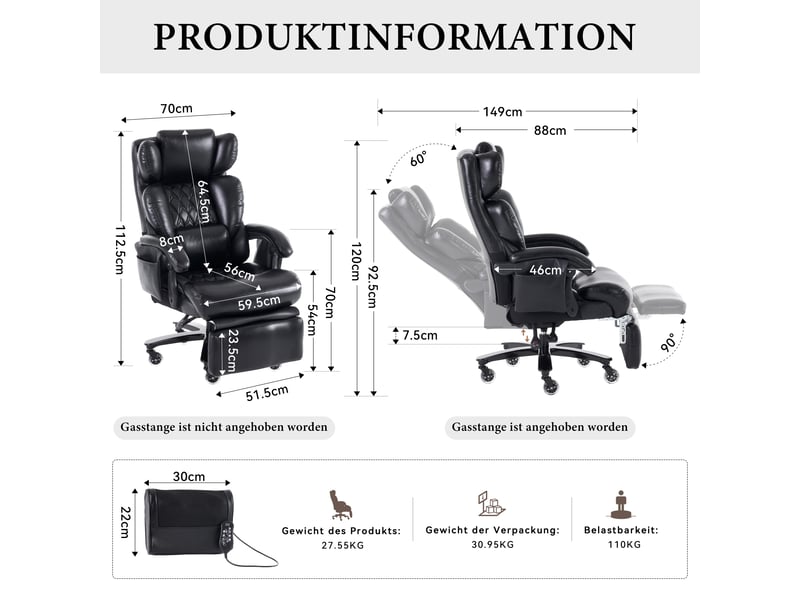  Chaise de bureau massante et chauffante avec repose-pieds, dossier inclinable et rotation 360° en cuir pu noir  - Conforama E