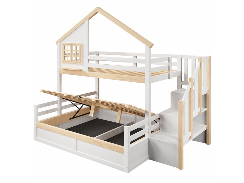 Lit superposé maison blanc et naturel 90/140x200 cm, rangement hydraulique, escalier - Conforama E