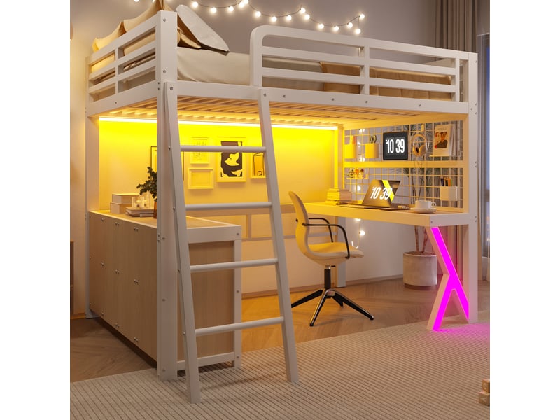  Lit mezzanine 140 x 200 cm avec bureau, rangement et led, structure en métal et mdf, blanc, sans matelas  - Conforama E