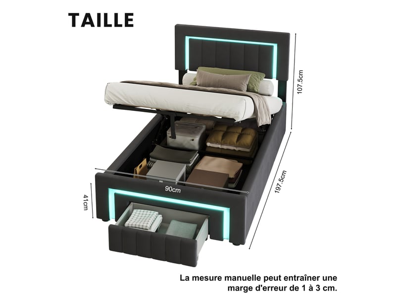 Lit rembourré 90×190 avec coffre, lit fonctionnel type boxspring avec led et tiroirs, en velours gris, sans matelas  - Conforama D