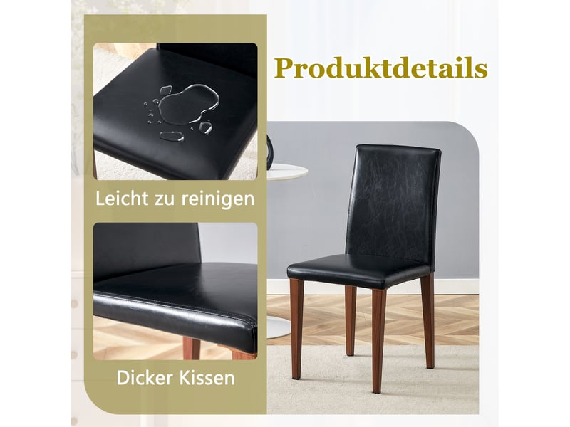 Chaise de salle à manger lot de 6 à dossier incurvé et assise rembourrée, en polyuréthane noir et métal aspect noyer - Conforama D