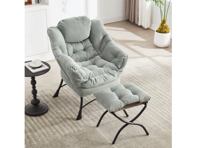  Fauteuil avec pouf et poche latérale, assise ergonomique en acier et tissu flanelle vert clair  - Conforama D