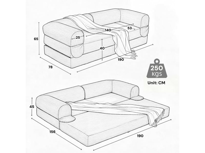  Canapé 2 places tissu côtelé doux structure convertible format de sol gain de place style futon  - Conforama C