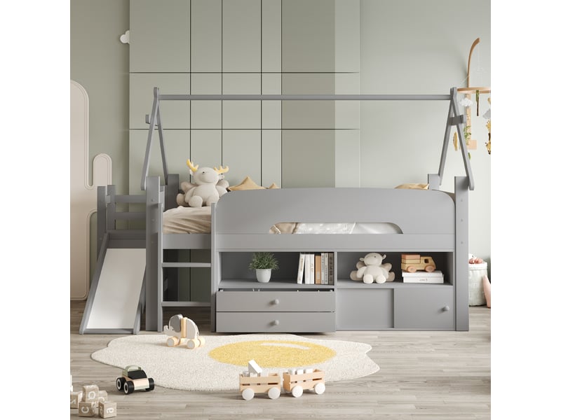  Lit cabane enfant 90x200cm avec toboggan, barrières de sécurité, tiroirs, niches et placards à portes coulissantes, bois massif et mdf - bois gris  - Conforama E