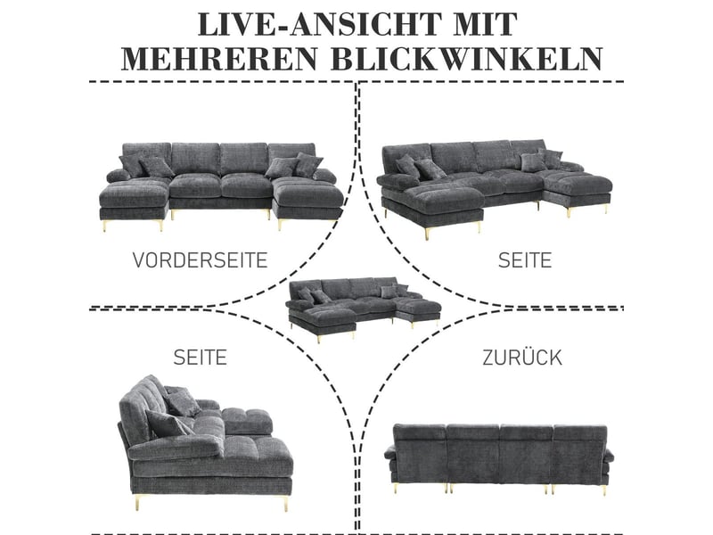  Canapé en u en chenille grise, 4 places, 2 assises relax, piètement métal doré HFSN-772GY - Conforama B