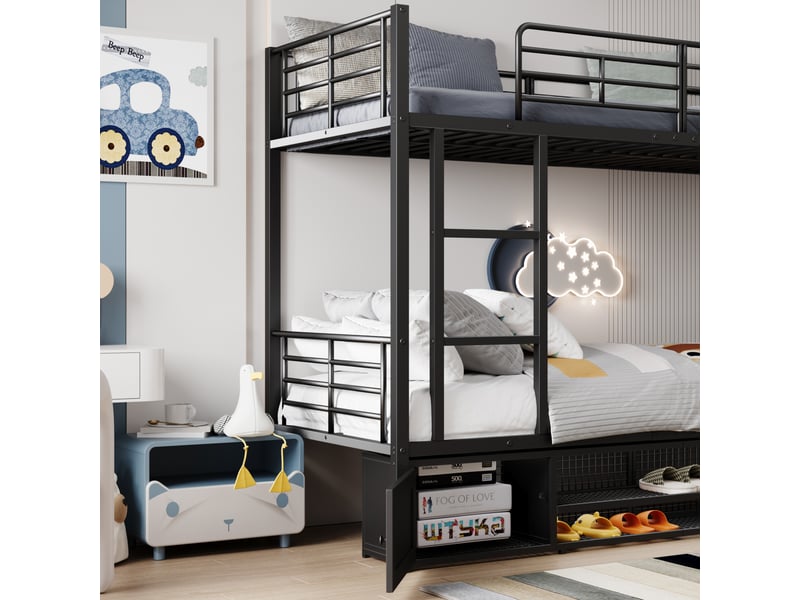  Lit superposé métal noir - range-chaussures intégré + 2 petites armoires - certification en747 - 90x200cm - idéal enfantado CYQ-32073031SAA - Conforama R