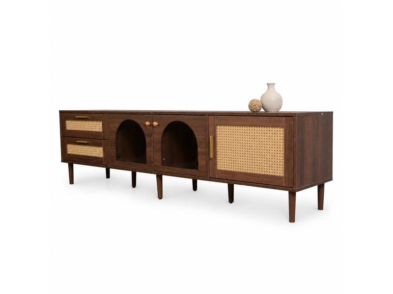  Meuble tv 180 cm marron avec led, 2 tiroirs en rotin et 3 portes, pour tv 80 pouces  - Conforama A