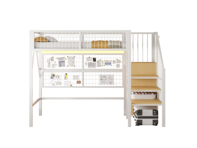  Lit mezzanine 200×90 cm avec escalier de rangement, penderie ouverte et éclairage led, en métal et mdf blanc  - Conforama A