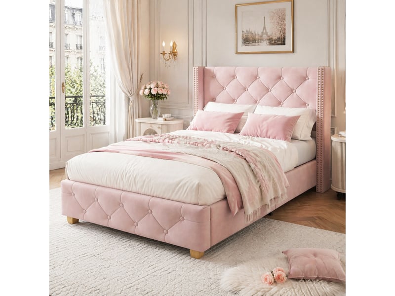  Lit simple 90x200 cm en velours rose avec sommier à lattes et tête de lit  - Conforama B