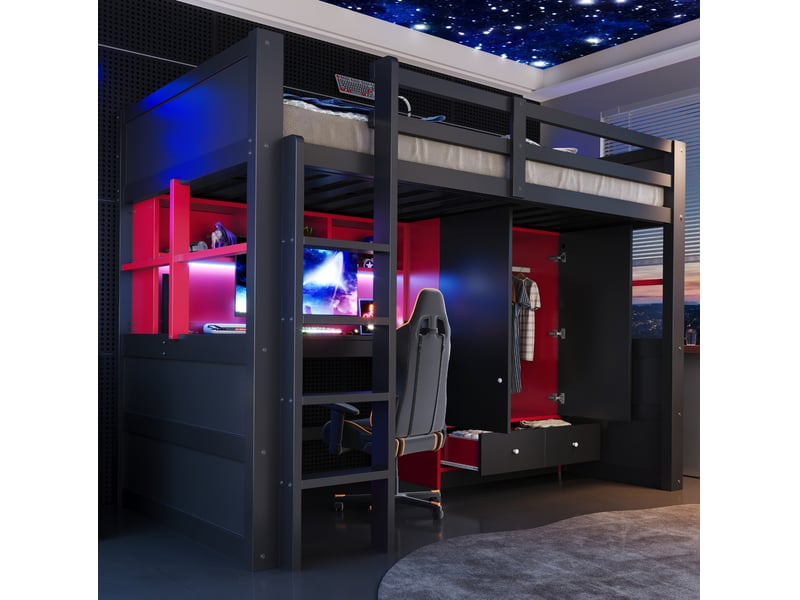 Lit mezzanine 90x200 cm avec bureau, armoire, tiroirs et led, noir et rouge  - Conforama B
