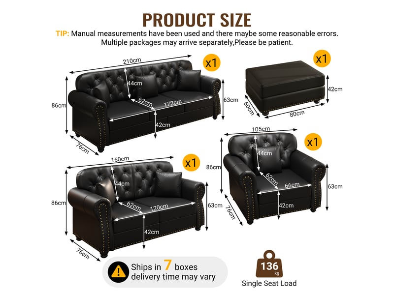  Canapé moderne - ensemble canapé chesterfield 3 pièces avec repose-pieds, 6 places, revêtement en similicuir, noir  - Conforama R