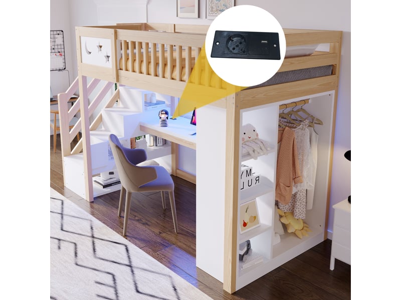  Lit mezzanine en bois 90 x 200 cm – avec barrières de sécurité – avec éclairage led – avec prise électrique – blanc + naturel(matelas non inclus)  - Conforama W
