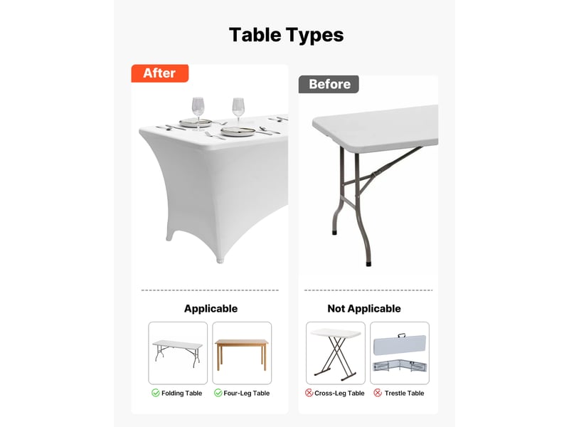 Vevor nappe extensible rectangulaire 244 x 76 x 76 cm, couverture de table infroissable en polyester et elasthanne, lot de 6, lavable en machine, pour fete, mariage, cocktail, banquet, festival, blanc - Conforama E