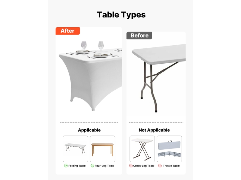  Vevor nappe extensible rectangulaire 244 x 76 x 76 cm, couverture de table infroissable en polyester et elasthanne, lot de 6, lavable en machine, pour fete, mariage, cocktail, banquet, festival, blanc  - Conforama E
