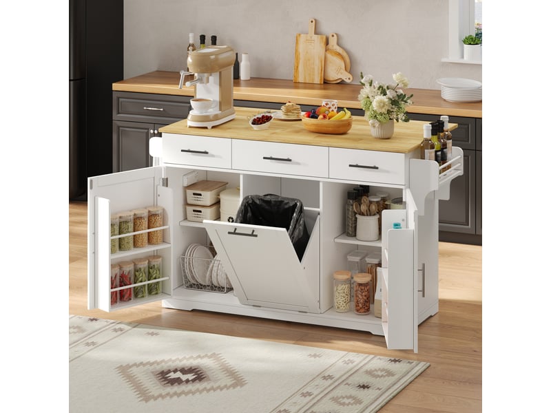 Îlot de cuisine sur roulettes avec plan de travail rabattable, chariot de cuisine avec poubelle intégrée et 3 tiroirs, 136 cm, blanc et naturel - Conforama D