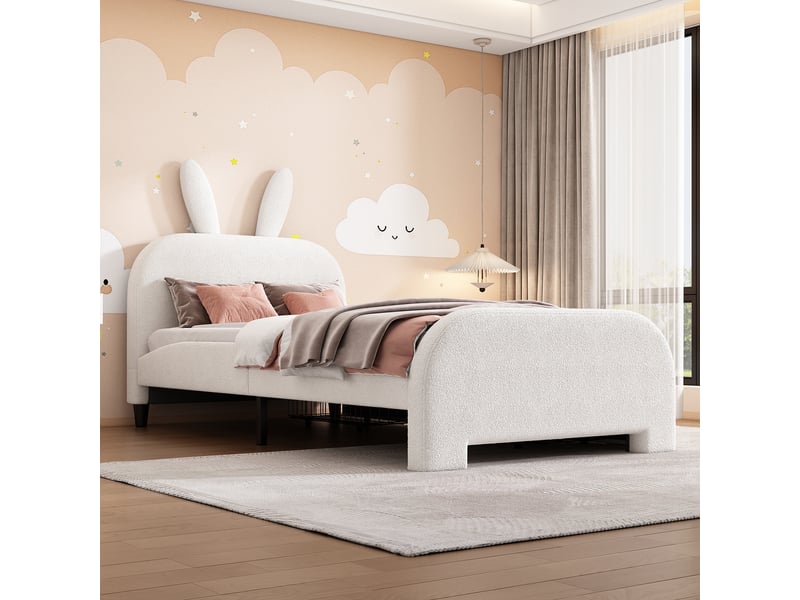 Lit enfant 90x200 cm, tiroirs, forme de lapin, dessin style cartoon, sommier, peluche blanc, sans matelas  - Conforama W