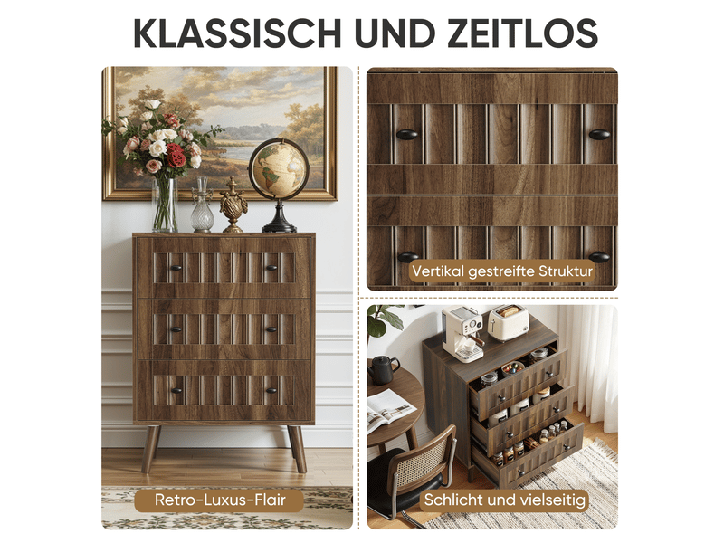 Commode 3 tiroirs 60x40x78 cm – noyer – façade rainurée, rangement compact pour chambre, salon ou entrée - Conforama E