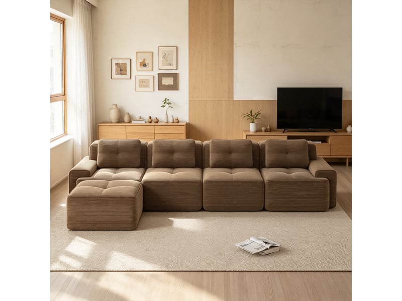  Canapé modulable 4 places avec méridienne, revêtement côtelé et maintien antidérapant, 69 × 382 × 177 cm, marron  - Conforama D