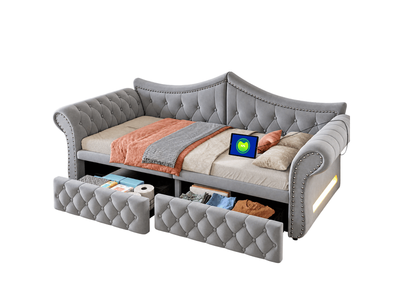  Canapé-lit 90 x 200 cm – avec 2 tiroirs – avec port de charge usb – gris (matelas non inclus)  - Conforama A