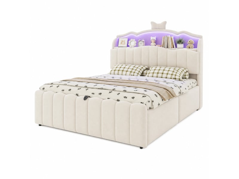  Lit coffre enfant modenvie 140 x 200 cm avec tête de lit à rangement, led multicolore, ports usb et usb-c, velours beige  - Conforama A