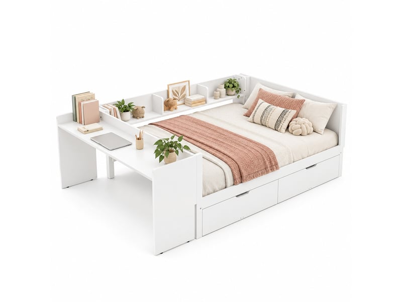  Lit combiné enfant 140 x 200 cm en bois avec bureau intégré, 2 tiroirs et 3 étagères de rangement, gain de place, blanc  - Conforama A