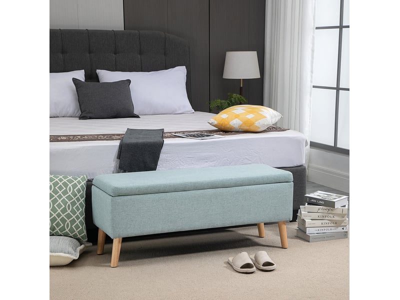  Banc de rangement 110x39x45 cm vert clair, polyester aspect lin et pieds en hévéa, assise rembourrée  - Conforama B