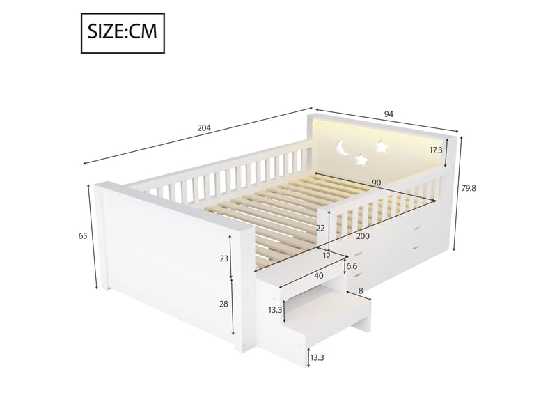  Lit multifonction enfant, 90x200 cm, avec tiroirs, barrière de sécurité, led, matelas non inclus, bois, coloris blanc  - Conforama C