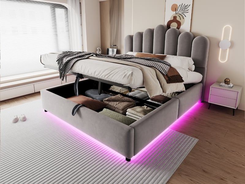  Lit coffre 140 × 200 cm, rangement hydraulique, tête capitonnée, led multicolore, sommier à lattes, velours gris  - Conforama B