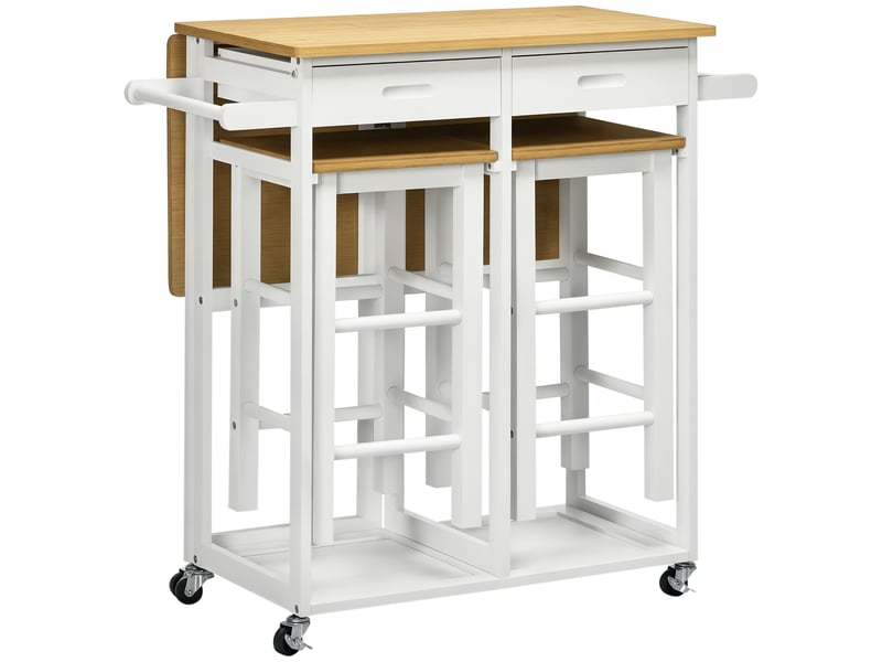  Ensemble table de bar pliable roulettes + 2 tabourets blanc et bois clair - 2 tiroirs et porte-torchons  - Conforama A