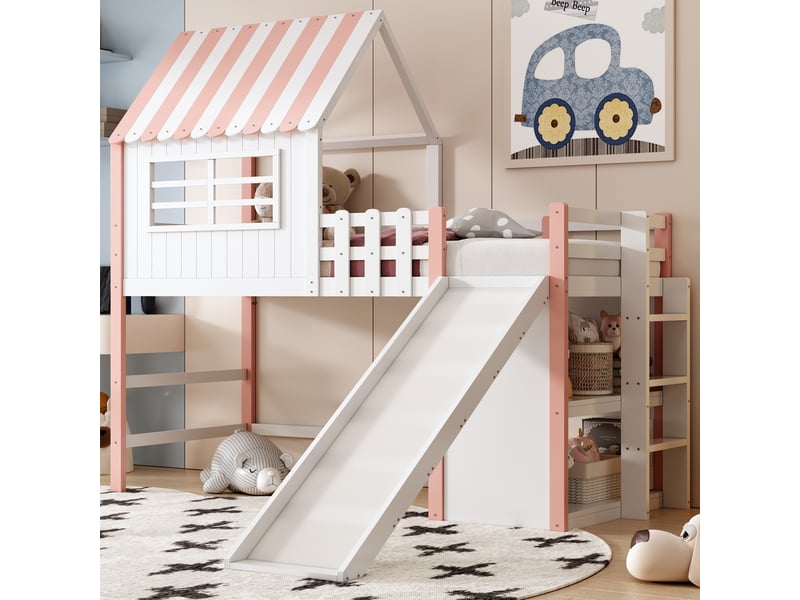  Lit enfant mezzanine 90x200 cm avec toboggan allongé, échelle et espace rangement, bois, rose et blanc, sans matelas  - Conforama R