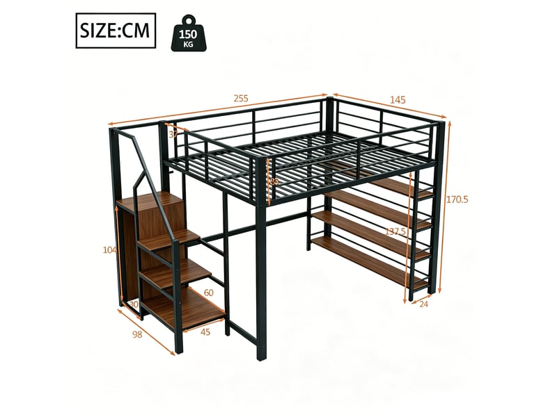 Lit mezzanine 140x200 cm en métal avec escalier de rangement et étagères, noir - Conforama C
