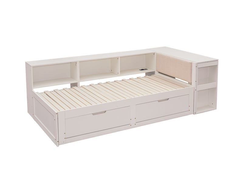  Lit banquette 90x200 extensible 180 cm, 3 en 1, avec sommier à lattes, tiroirs, tête de lit rembourrée, sans matelas  - Conforama D