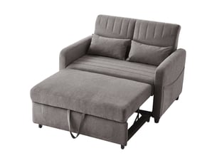 Canapé convertible 2 places gris en tissu coton lin, dossier réglable 3 positions, avec 2 coussins, adapté pour salon et petit espace.