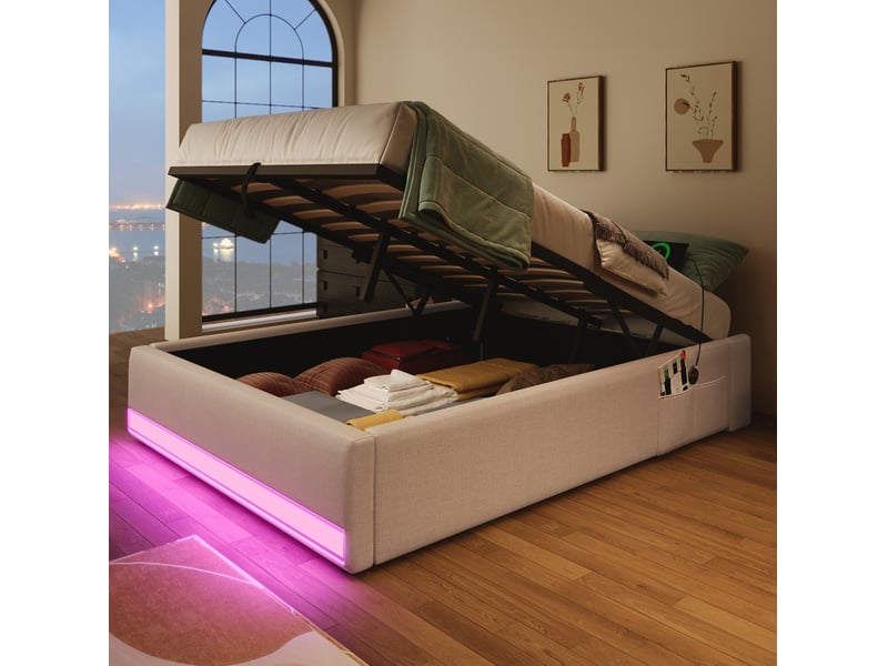 Sommier coffre rembourré 90x200 cm led multicolore usb type‑c coffre design moderne poches latérales lin beige sans matelas - Conforama D