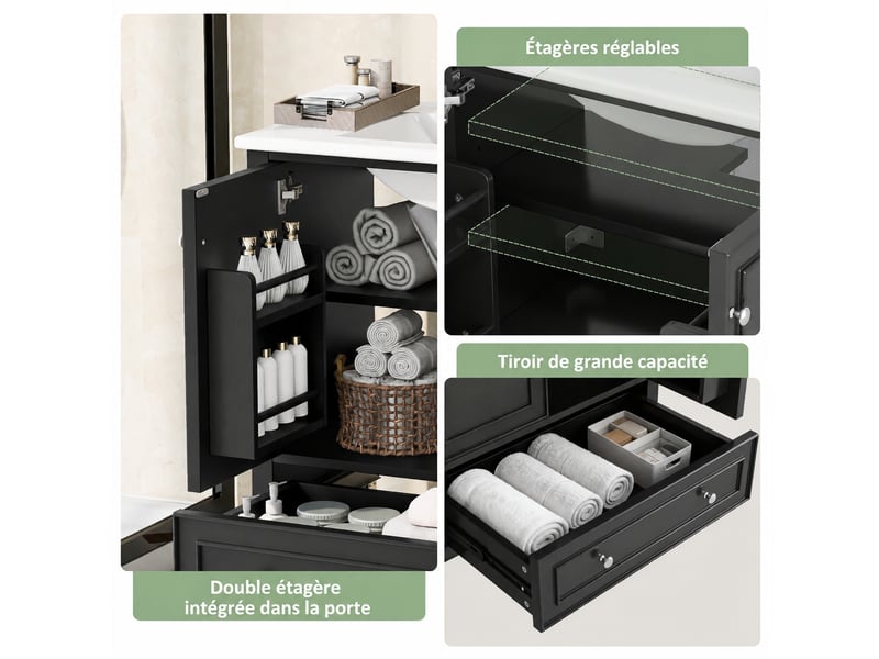  Meuble vasque noir 76 cm avec lavabo en céramique, 2 portes et 1 tiroir  - Conforama D