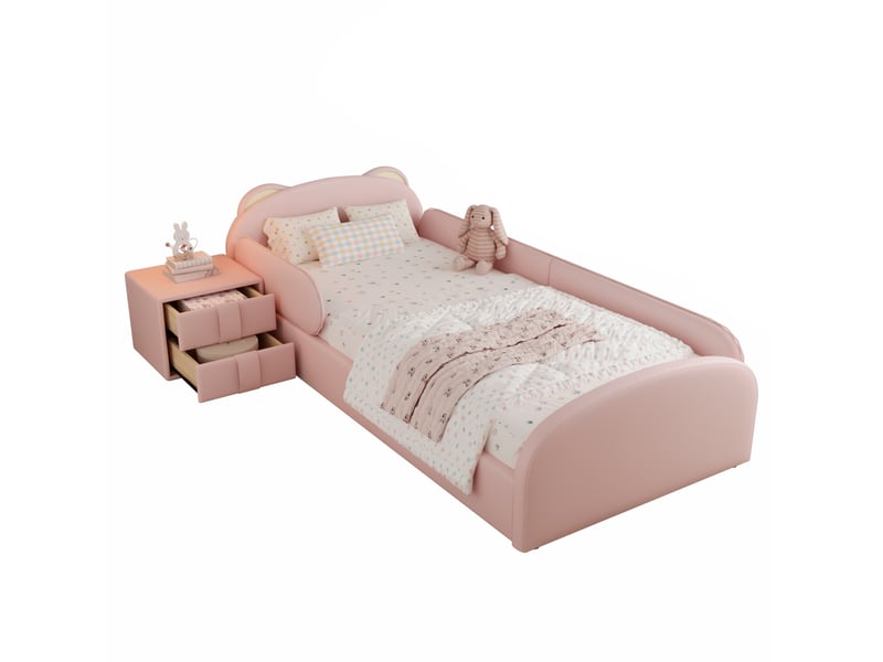  Modenvie lit enfant 90x200 cm - tete de lit ourson, table de chevet incluse - sans matelas - rose  - Conforama A