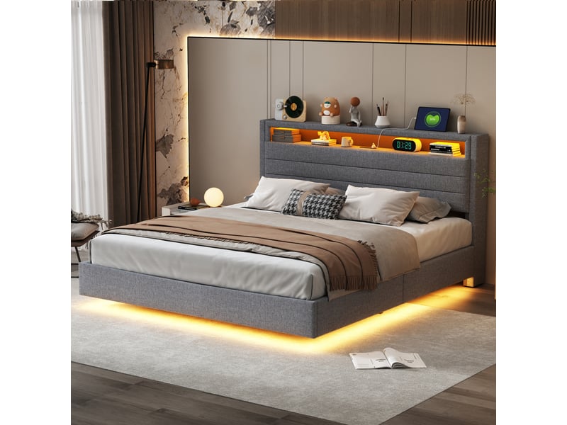 Lit rembourré 160x200 cm, sommier suspendu hydrauliquement avec rangement, lit rembourré multifonctionnel avec prise usb et éclairage led, tête de lit réversible, gris lin - Conforama B