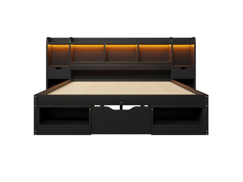  Lit 2 places 140x200 cm – noir – tête de lit bibliothèque, tiroirs, led et port usb – sans matelas  - Conforama D