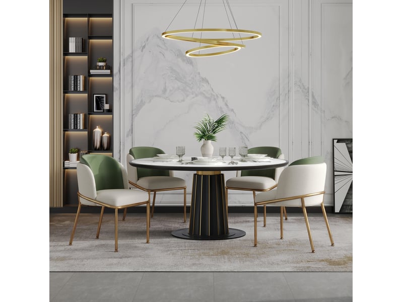  Lot de 4 chaises de salle à manger avec dossier ergonomique et pieds réglables en similicuir pvc vert, beige et doré  - Conforama B